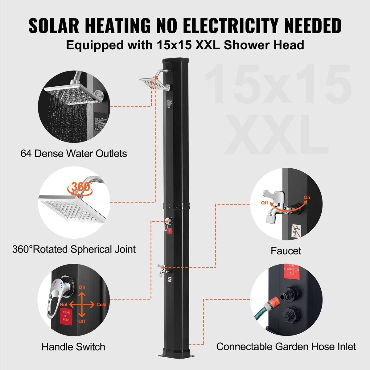 Outdoor Solar Heated Shower, 9.25 Gallon Poolside Shower Kit with Shower Head and Foot Shower Tap, Double Buckle Fast Assembly W/ Pre-Drilled Holes for Outdoor Backyard Poolside Beach Spa