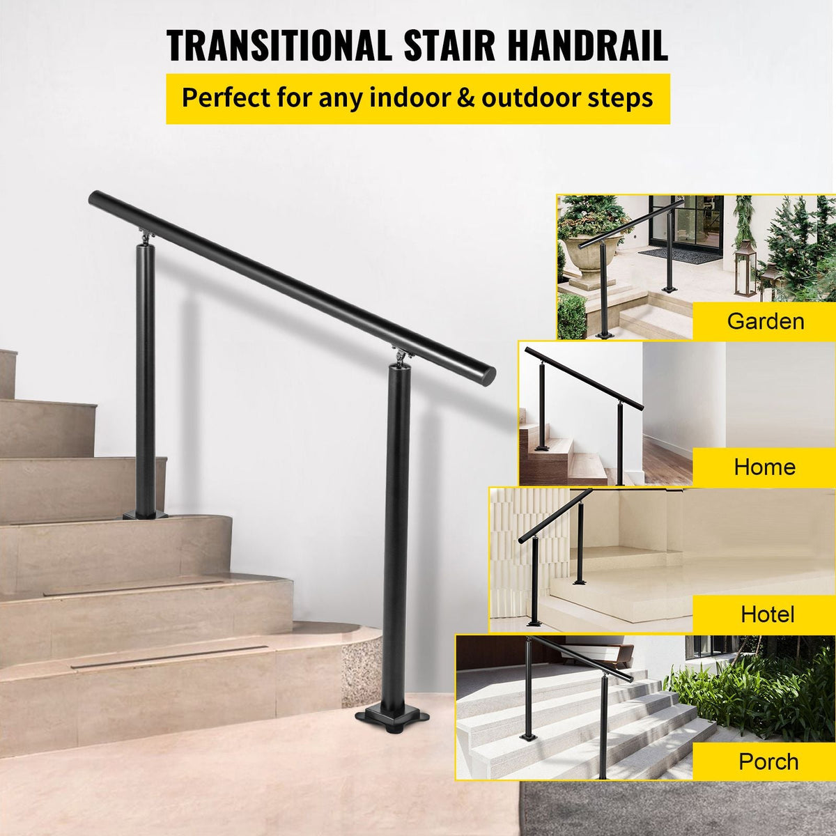Outdoor Stair Railing Kit, 3 FT Handrails 1-3 Steps, Adjustable Angle Black Aluminum Stair Hand Rail for The Elderly, Handrails for Outdoor Steps