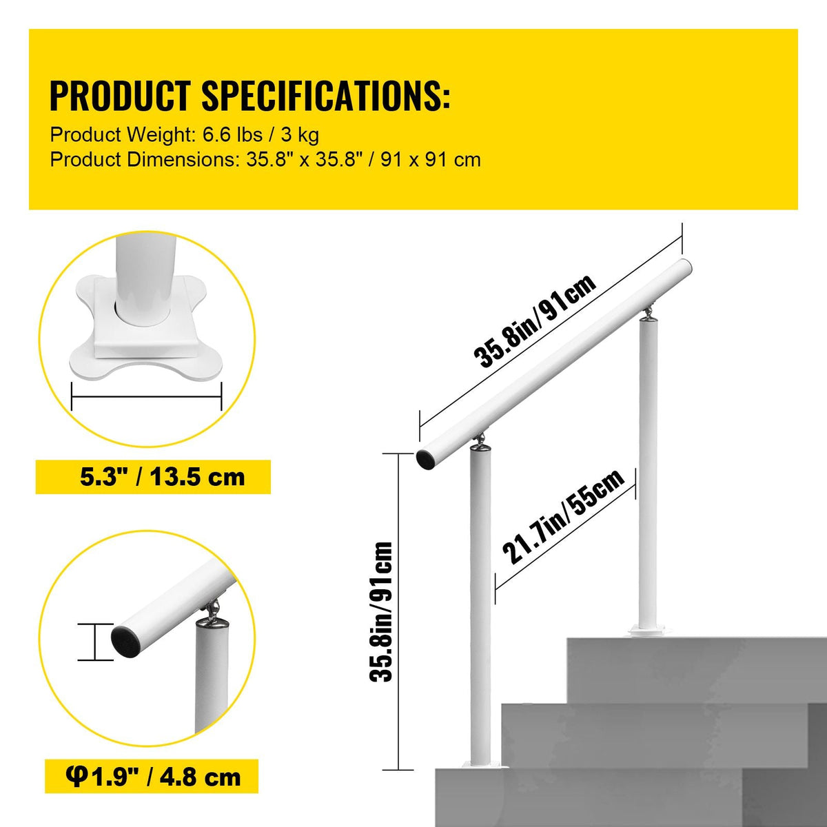 Outdoor Stair Railing Kit, 3 FT Handrails 2-3 Steps, Adjustable Angle White Aluminum Stair Hand Rail for The Elderly, Handrails for Outdoor Steps