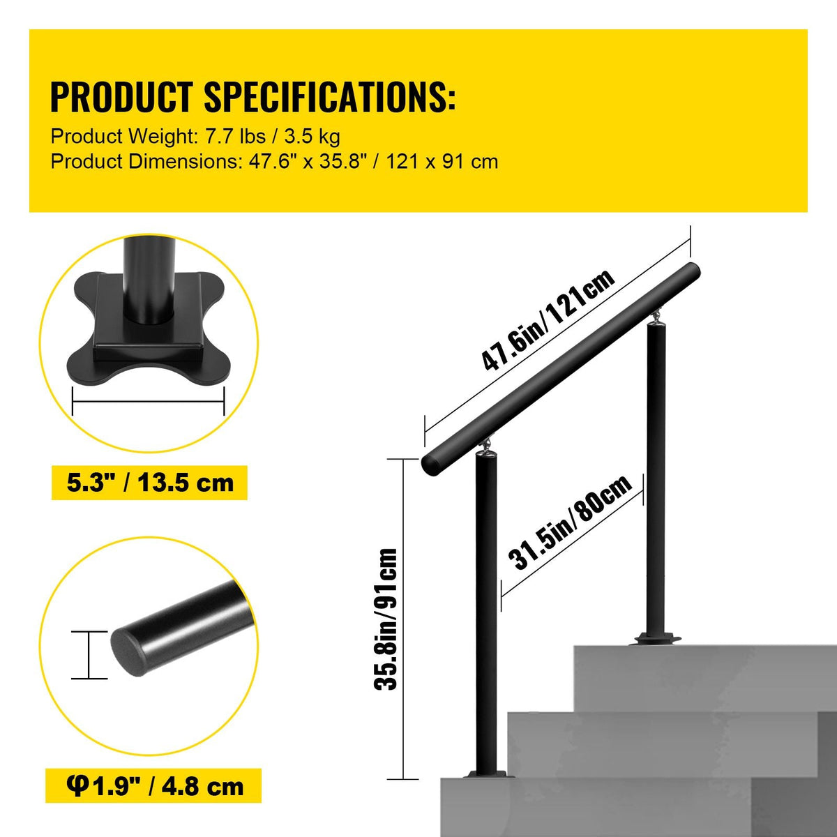 Outdoor Stair Railing Kit, 4 FT Handrails 1-4 Steps, Adjustable Angle Black Aluminum Stair Hand Rail for The Elderly, Handrails for Outdoor Steps