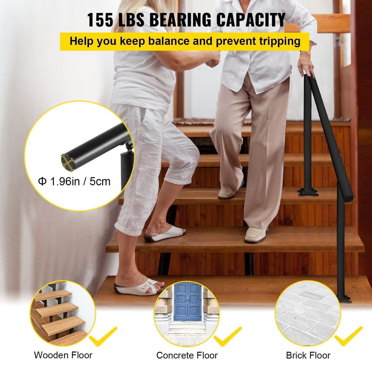 Outdoor Stair Railing Kit, 5 FT Handrails 0-5 Steps, Adjustable Angle Black Aluminum Stair Hand Rail for The Elderly, Handrails for Indoor & Outdoor Steps