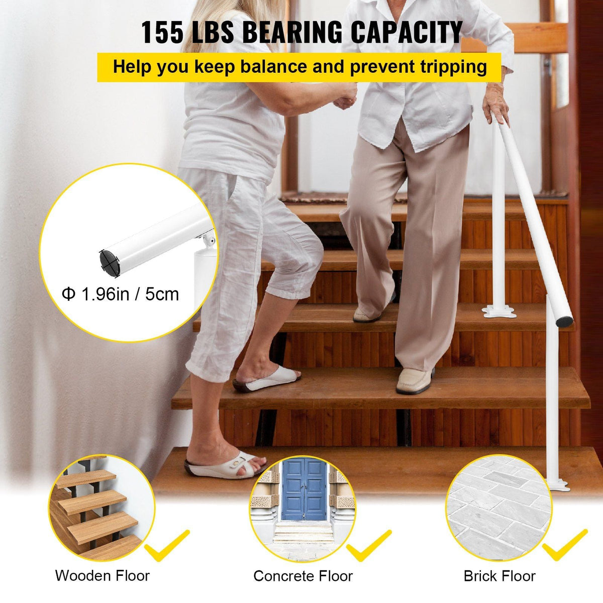 Outdoor Stair Railing Kit, 5 FT Handrails 0-5 Steps, Adjustable Angle White Aluminum Stair Hand Rail for The Elderly, Handrails for Outdoor Steps