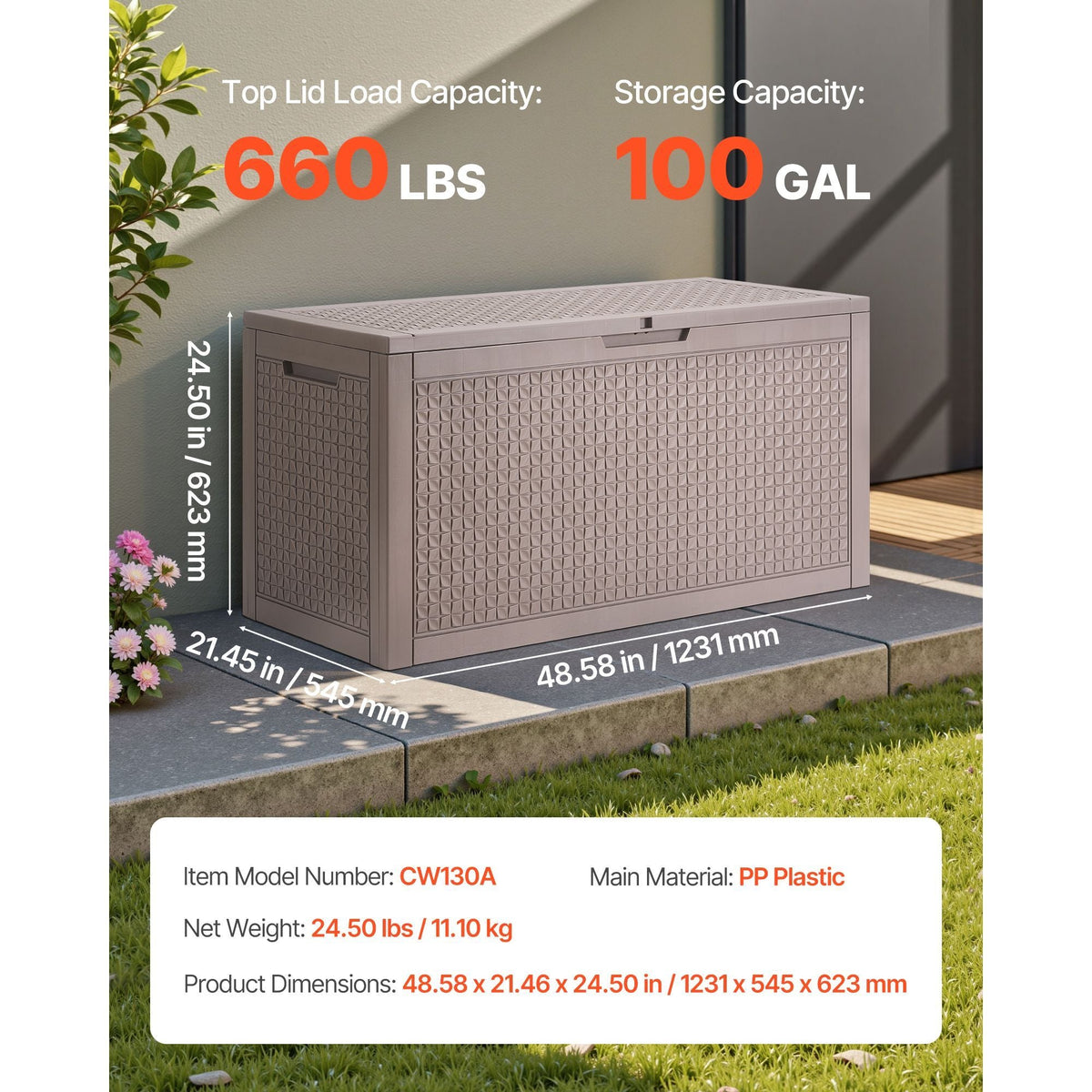 Outdoor Storage Box, 100 Gallon Resin Deck Box, Backyard Outside Toy and Towel Storage Cabinet Waterproof, for Patio Furniture Cushions, Garden Tools, Pool Supplies & Package Delivery (Grey)