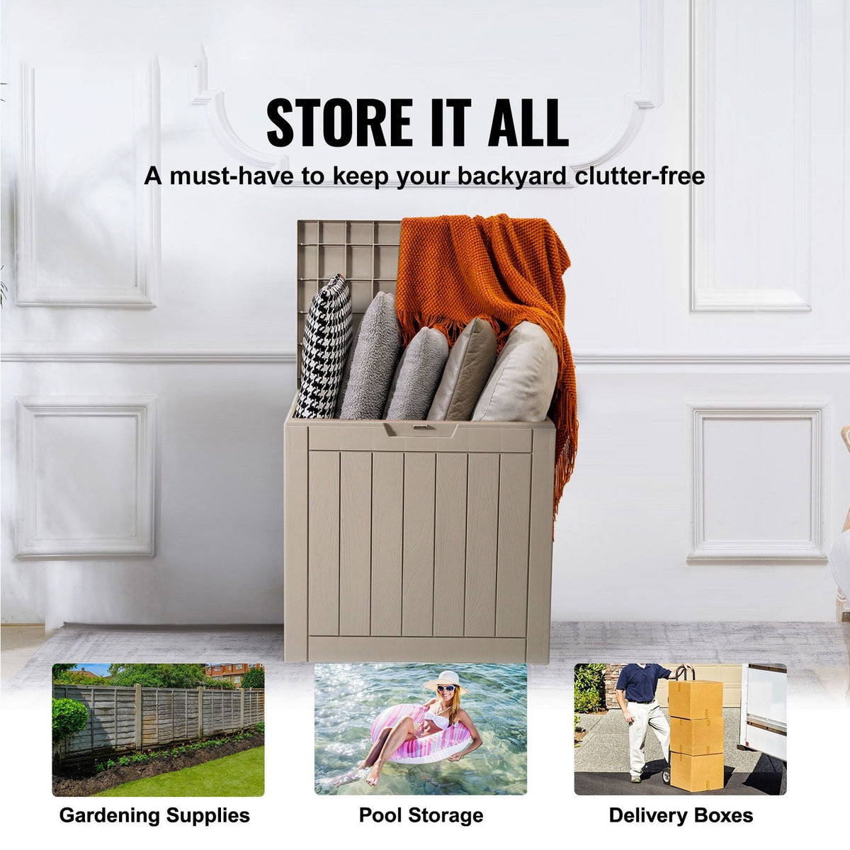 Outdoor Storage Box, 31 Gallon Resin Deck Box, Backyard Outside Toy and Towel Storage Cabinet Waterproof, for Patio Furniture Cushions, Garden Tools, Pool Supplies & Package Delivery (Grey)
