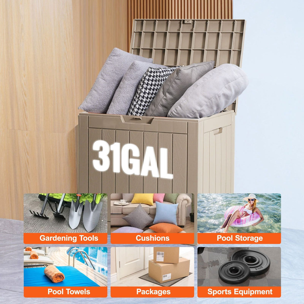 Outdoor Storage Box, 31 Gallon Resin Deck Box, Backyard Outside Toy and Towel Storage Cabinet Waterproof, for Patio Furniture Cushions, Garden Tools, Pool Supplies & Package Delivery (Grey)