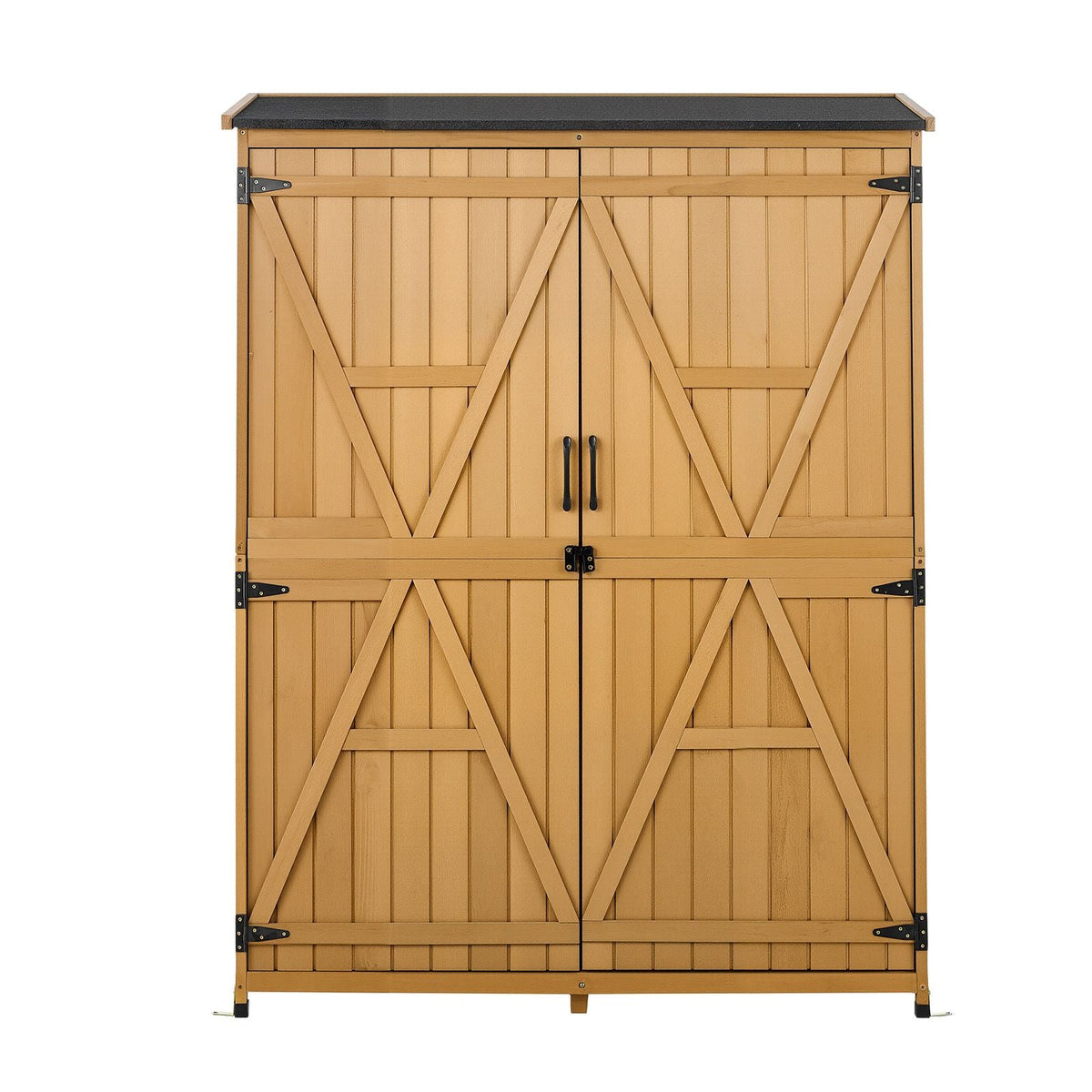 Outdoor Storage Shed, 49.41" x 63.98" Wood Garden Tool Shed with Lockable Doors & Sloped Roof, Waterproof Outside Storage Cabinet with Shelves & Floor Included for Backyard Patio Lawn, Brown