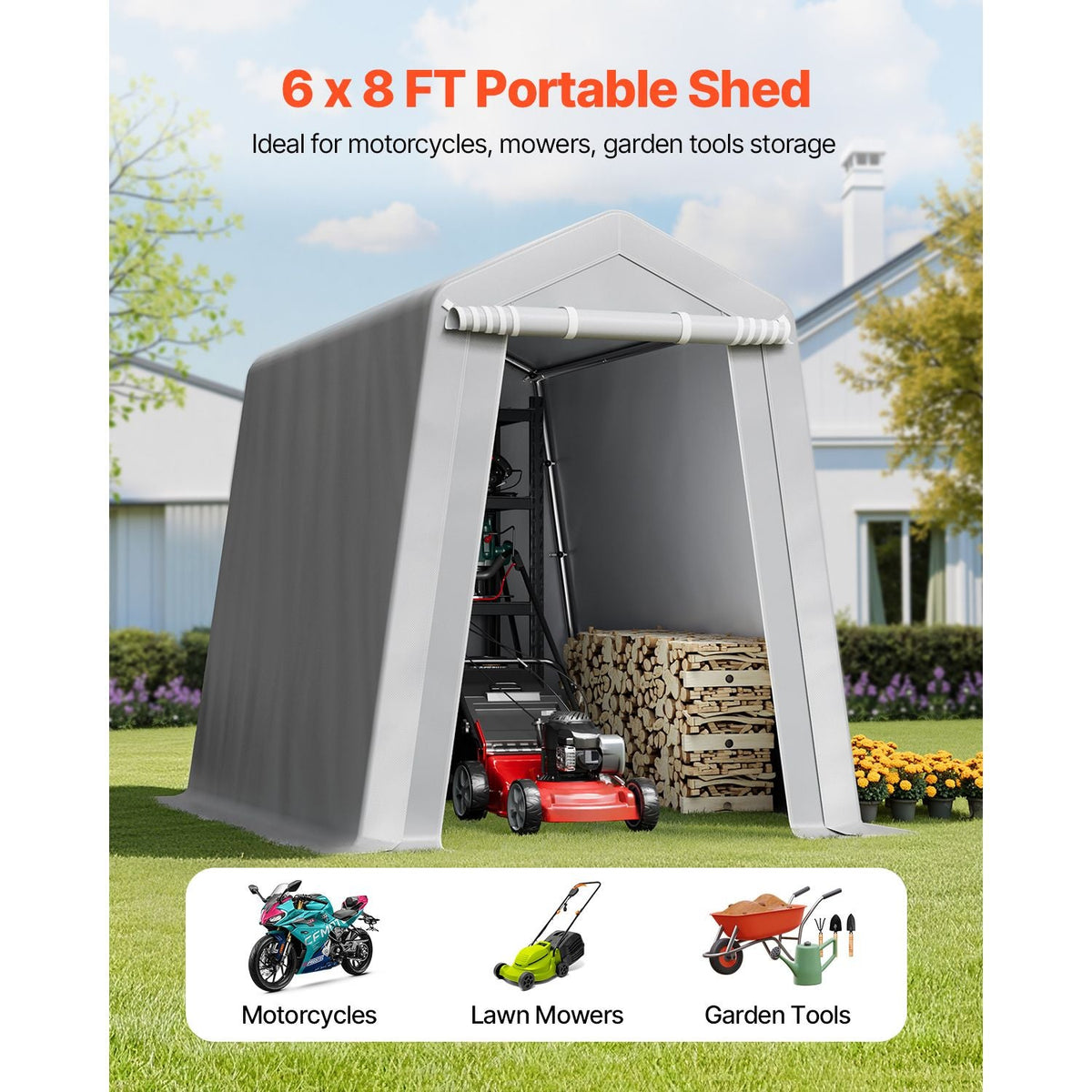 Outdoor Storage Shed, 6 x 8 ft Portable Storage Tent with Roll-up Door & Vents, Waterproof Canopy Shed Shelter, Heavy Duty Frame, Patio Garage Carport for Motorcycle, Lawn Mower, Bike, Grey
