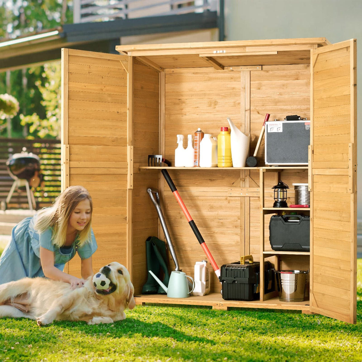 Outdoor Storage Shed, Large Wooden Outside Storage Cabinet with Waterproof Roof and Metal Frame, Double Lockable Doors Garden Tool Shed Storage House Cabinet with Shelves & Floor, 55"x67.5"