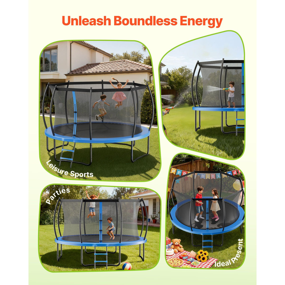 Outdoor Trampoline, 10FT Recreational Trampoline, ASTM Approved Trampolines with Enclosure Net & Thickened Pad, Max 265 lbs Weight Capacity, Anti-Rust Backyard Trampolines for Kids & Adults