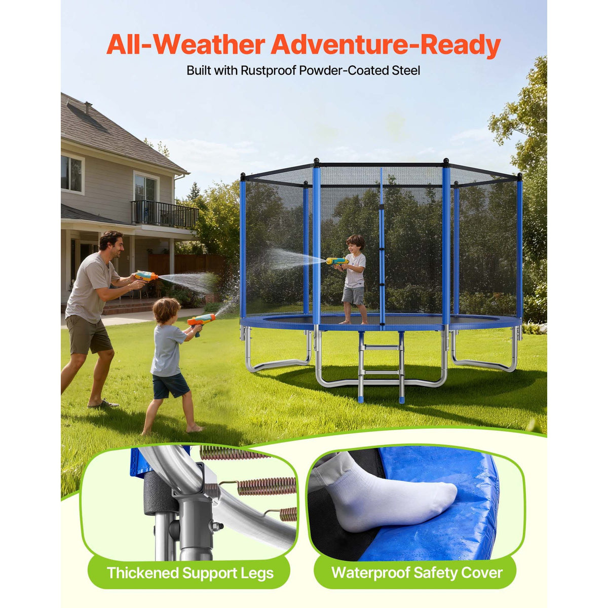 Outdoor Trampoline, 10FT Round Recreational Trampoline with Enclosure Net, ASTM Approved, Heavy Duty Trampolines, Max 330 lbs Weight Capacity, Anti-Rust Backyard Trampolines for Kids & Adults