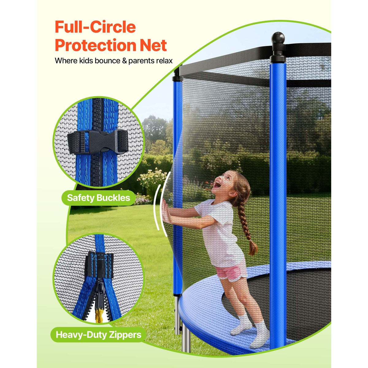 Outdoor Trampoline, 10FT Round Recreational Trampoline with Enclosure Net, ASTM Approved, Heavy Duty Trampolines, Max 330 lbs Weight Capacity, Anti-Rust Backyard Trampolines for Kids & Adults