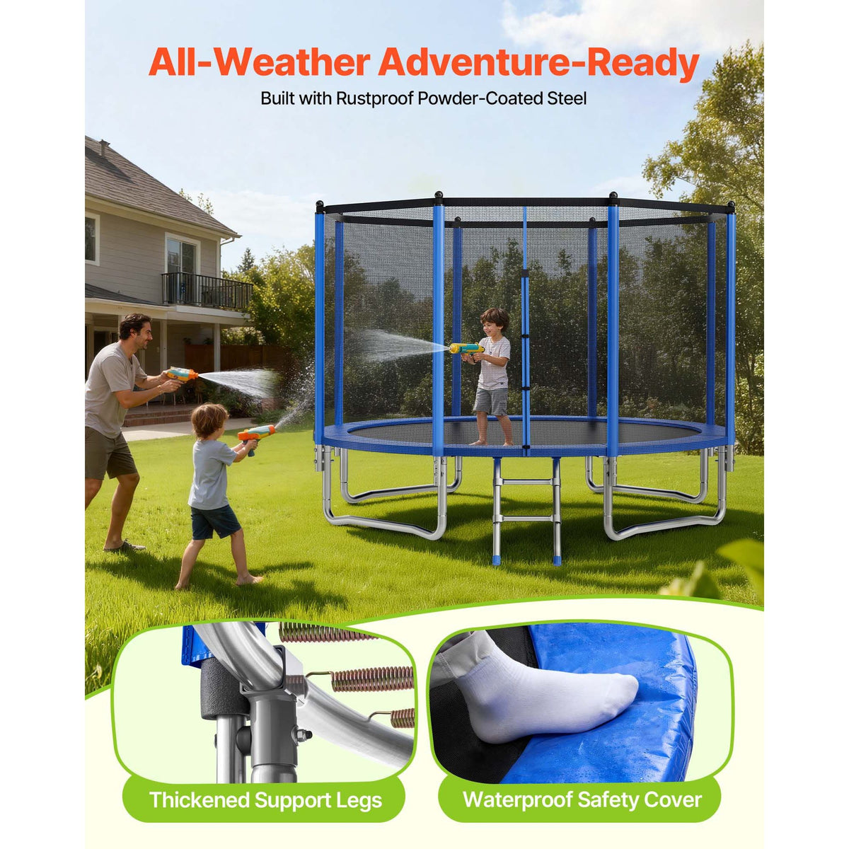 Outdoor Trampoline, 12FT Round Recreational Trampoline with Enclosure Net, ASTM Approved, Heavy Duty Trampolines, Max 400 lbs Weight Capacity, Anti-Rust Backyard Trampolines for Kids & Adults