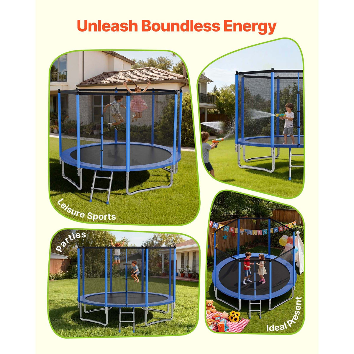 Outdoor Trampoline, 12FT Round Recreational Trampoline with Enclosure Net, ASTM Approved, Heavy Duty Trampolines, Max 400 lbs Weight Capacity, Anti-Rust Backyard Trampolines for Kids & Adults