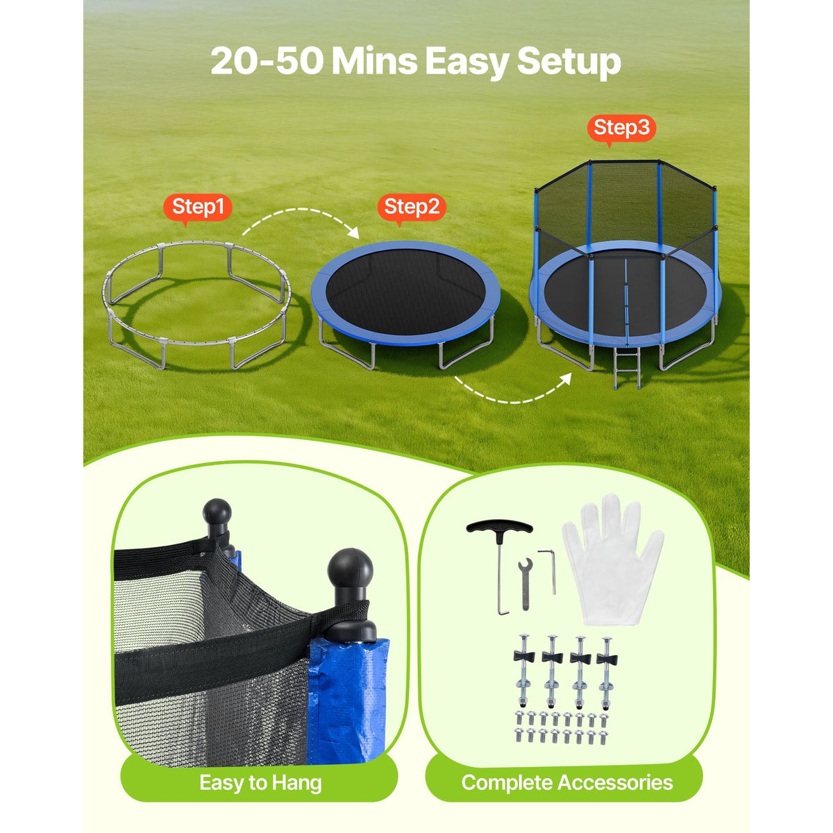Outdoor Trampoline, 14FT Round Recreational Trampoline with Enclosure Net, ASTM Approved, Heavy Duty Trampolines, Max 450 lbs Weight Capacity, Anti-Rust Backyard Trampolines for Kids & Adults