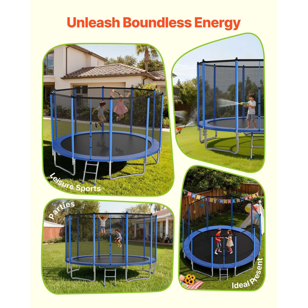 Outdoor Trampoline, 15FT Round Recreational Trampoline with Enclosure Net, ASTM Approved, Heavy Duty Trampolines, Max 470 lbs Weight Capacity, Anti-Rust Backyard Trampolines for Kids & Adults