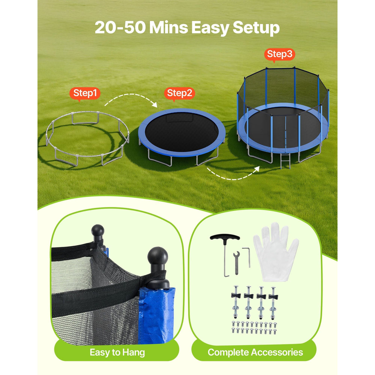 Outdoor Trampoline, 15FT Round Recreational Trampoline with Enclosure Net, ASTM Approved, Heavy Duty Trampolines, Max 470 lbs Weight Capacity, Anti-Rust Backyard Trampolines for Kids & Adults