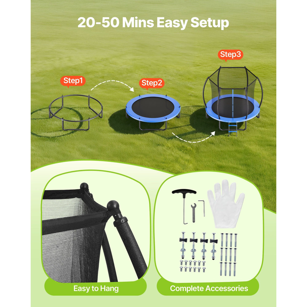 Outdoor Trampoline, 8FT Recreational Trampoline, ASTM Approved Trampolines with Enclosure Net & Thickened Pad, Max 265 lbs Weight Capacity, Anti-Rust Backyard Trampolines for Kids & Adults