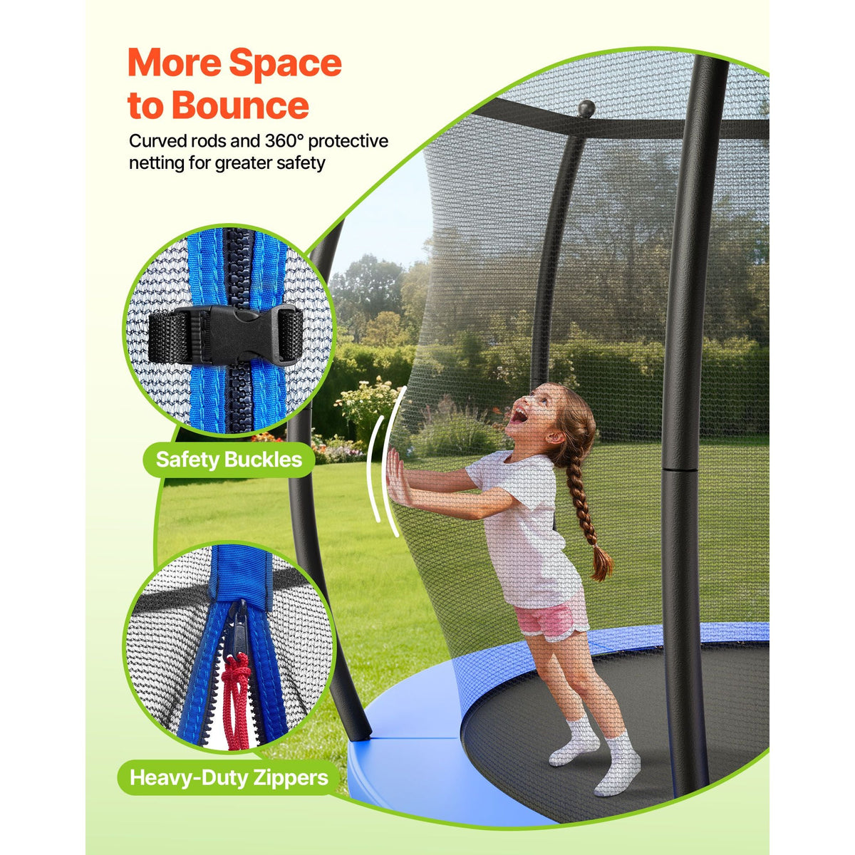 Outdoor Trampoline, 8FT Recreational Trampoline, ASTM Approved Trampolines with Enclosure Net & Thickened Pad, Max 265 lbs Weight Capacity, Anti-Rust Backyard Trampolines for Kids & Adults