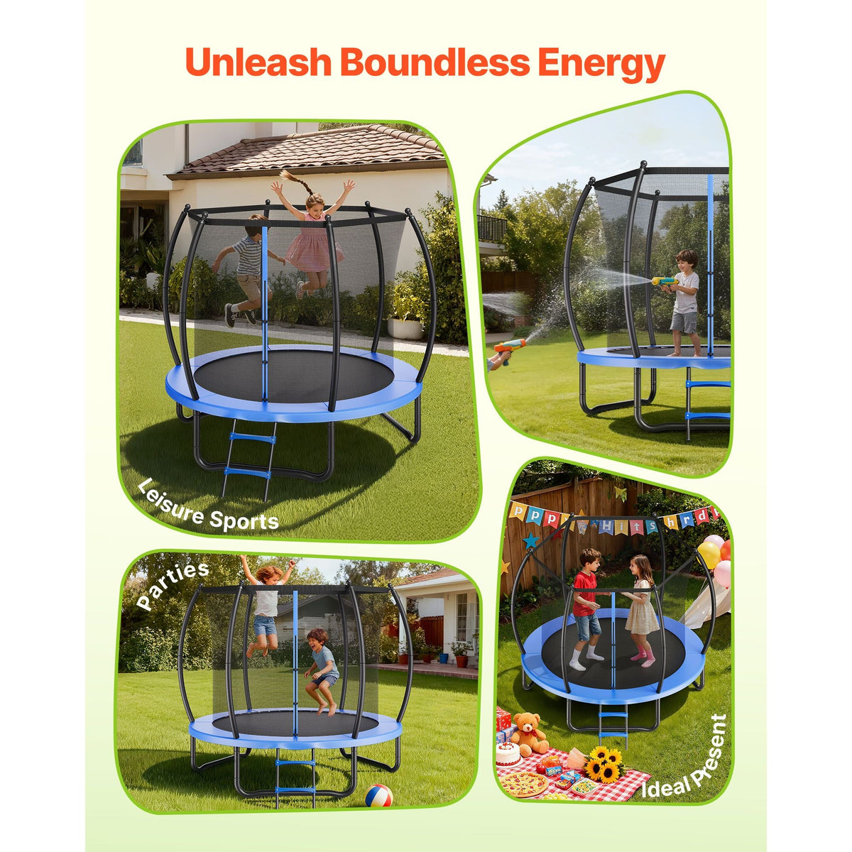 Outdoor Trampoline, 8FT Recreational Trampoline, ASTM Approved Trampolines with Enclosure Net & Thickened Pad, Max 265 lbs Weight Capacity, Anti-Rust Backyard Trampolines for Kids & Adults