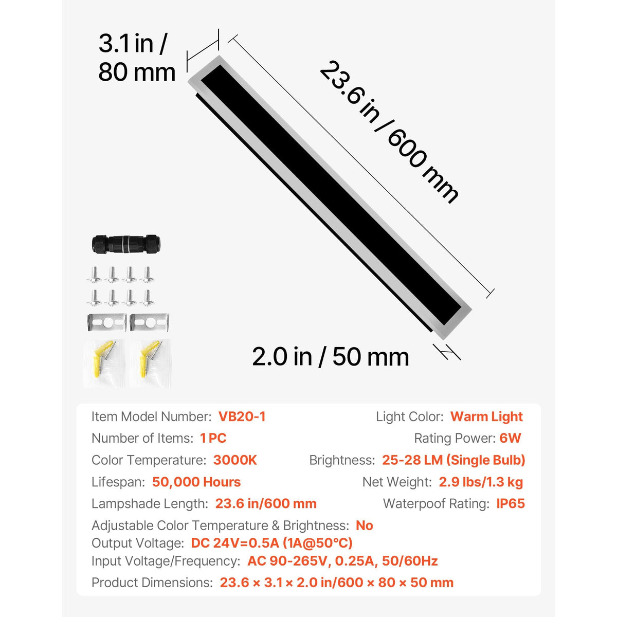 Outdoor Wall Light, 23.6 Inch, Long Strip Modern Exterior Wall Sconce Light Fixtures, 3000K Warm White, IP65 Waterproof, Anti-Rust Outside Patio Wall Mount Lighting, for House, Porch, Garage