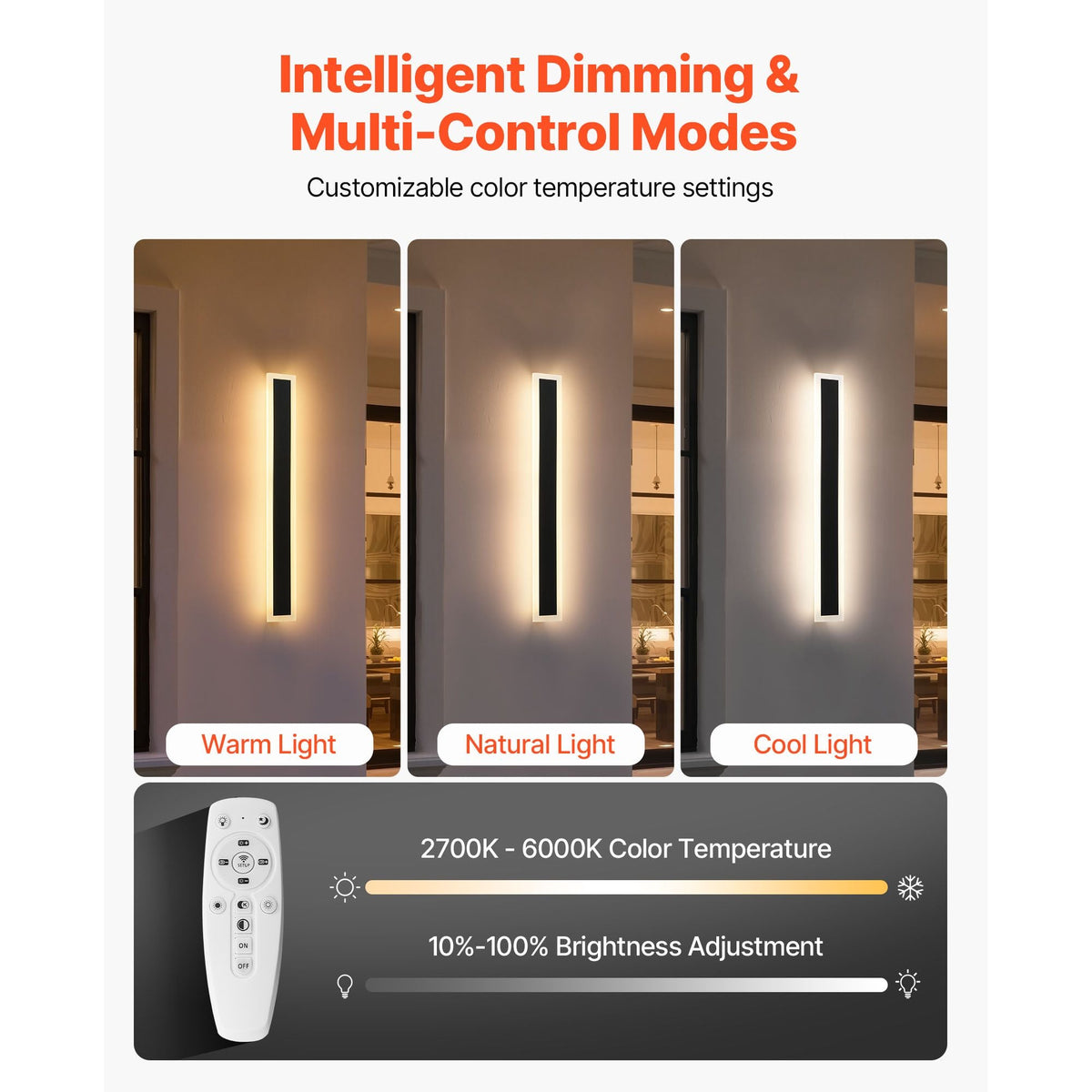 Outdoor Wall Lights, 2 Pack, 23.6 Inch Long Strip Modern Exterior Wall Sconce Light Fixtures, 2700K-6000K, IP65 Waterproof Anti-Rust, Dimmable Outside Wall Mount Lighting, for House Porch Garage