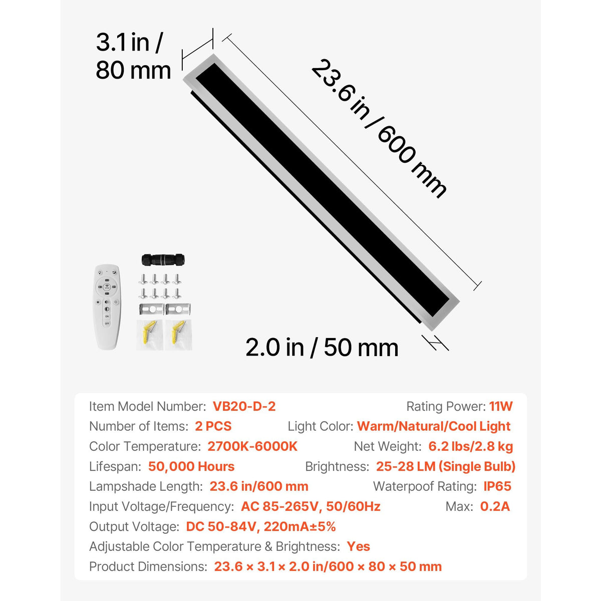 Outdoor Wall Lights, 2 Pack, 23.6 Inch Long Strip Modern Exterior Wall Sconce Light Fixtures, 2700K-6000K, IP65 Waterproof Anti-Rust, Dimmable Outside Wall Mount Lighting, for House Porch Garage