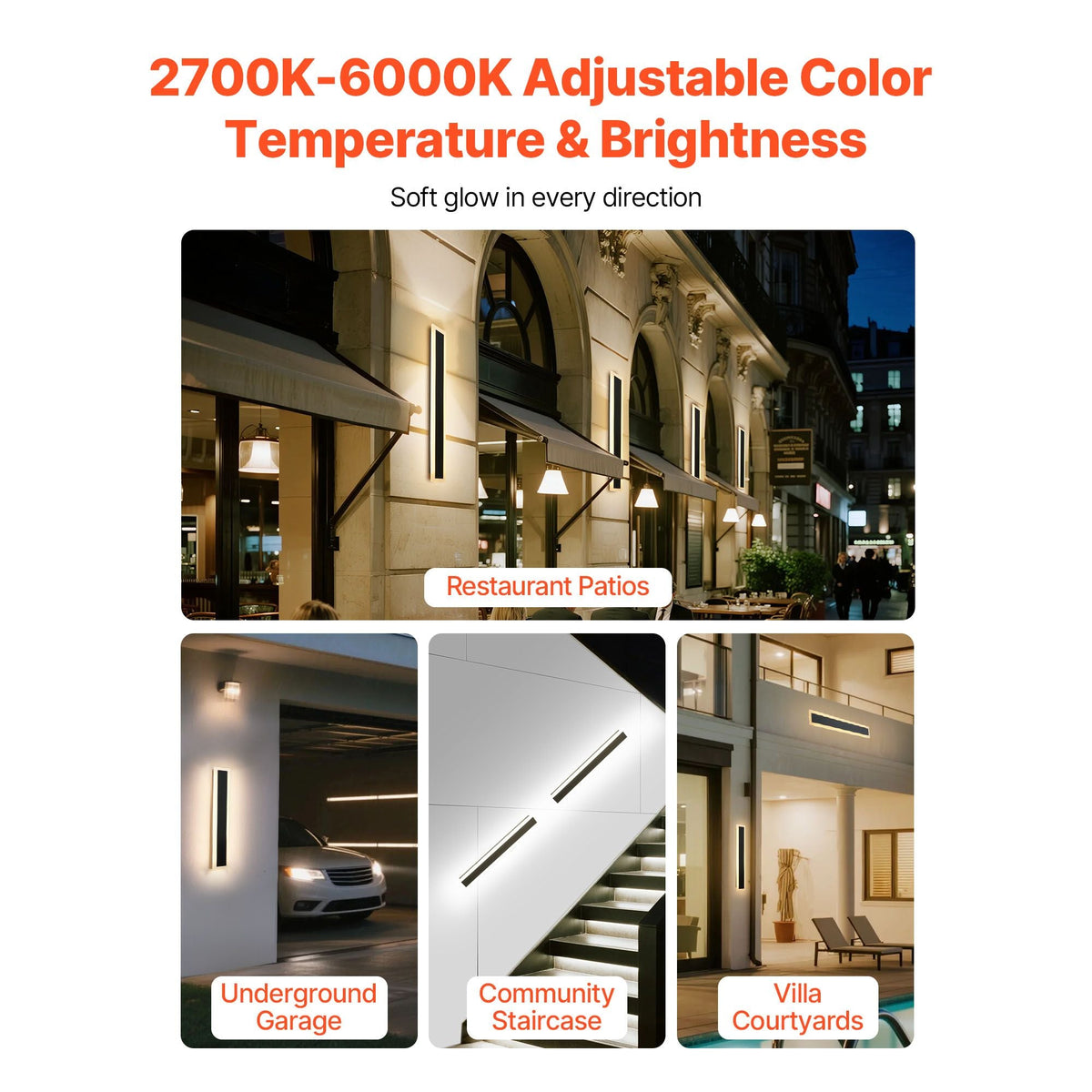 Outdoor Wall Lights, 2 Pack, 23.6 Inch Long Strip Modern Exterior Wall Sconce Light Fixtures, 2700K-6000K, IP65 Waterproof Anti-Rust, Dimmable Outside Wall Mount Lighting, for House Porch Garage