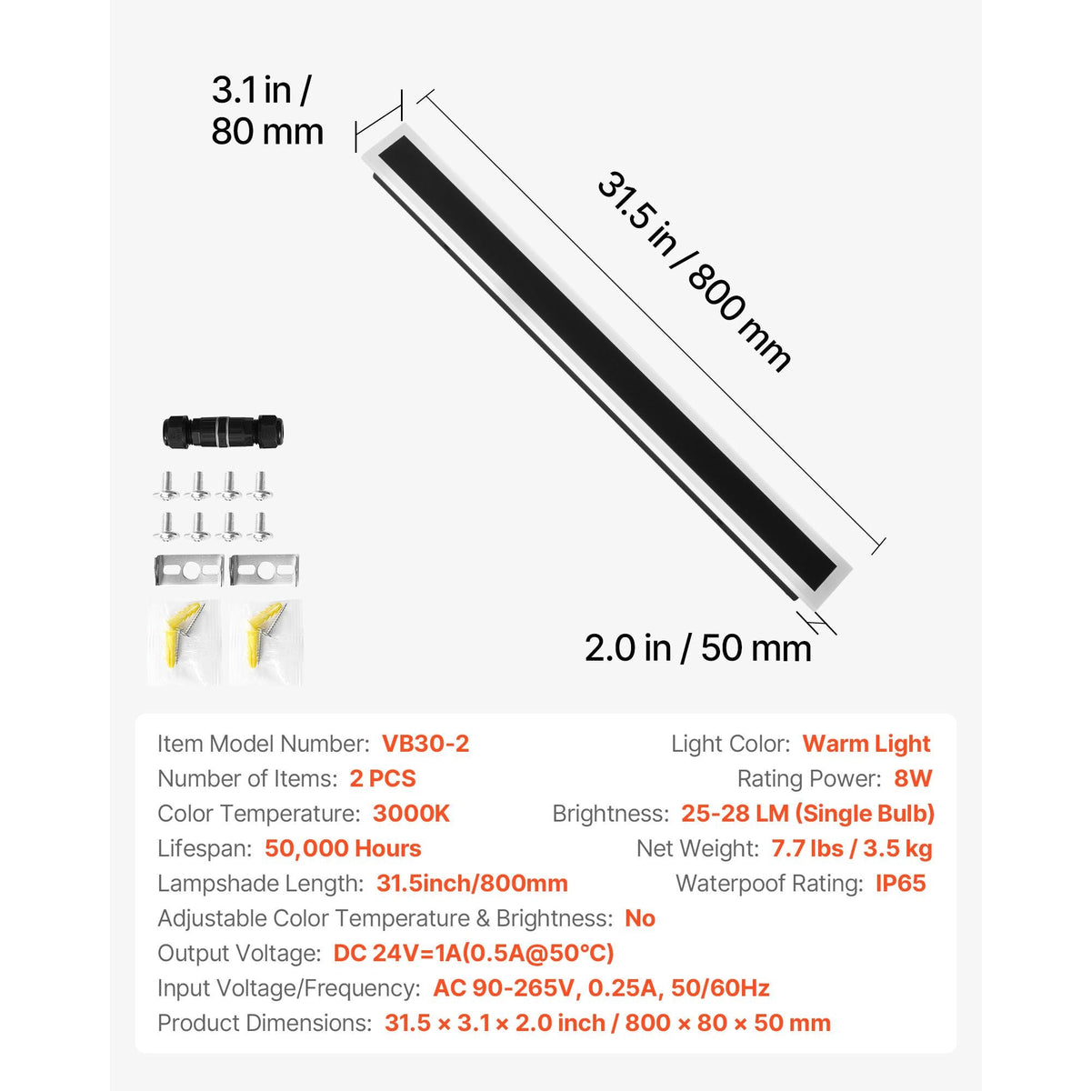 Outdoor Wall Lights, 2 Pack, 31.5 Inch Long Strip Modern Exterior Wall Sconce Light Fixtures, 3000K Warm White, IP65 Waterproof Anti-Rust Outside Wall Mount Lighting, for House, Porch, Garage