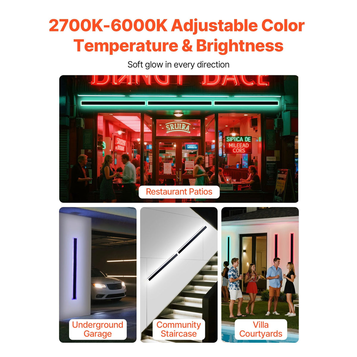 Outdoor Wall Lights, 2 Pack, 39.4 Inch Long RGB Modern Exterior Wall Sconce Light Fixtures, 2700K-6000K, IP65 Waterproof Anti-Rust, Dimmable Outside Wall Mount Lighting, for House Porch Garage