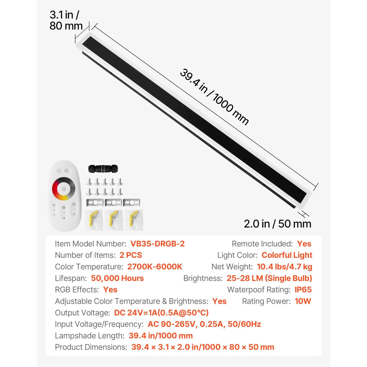 Outdoor Wall Lights, 2 Pack, 39.4 Inch Long RGB Modern Exterior Wall Sconce Light Fixtures, 2700K-6000K, IP65 Waterproof Anti-Rust, Dimmable Outside Wall Mount Lighting, for House Porch Garage