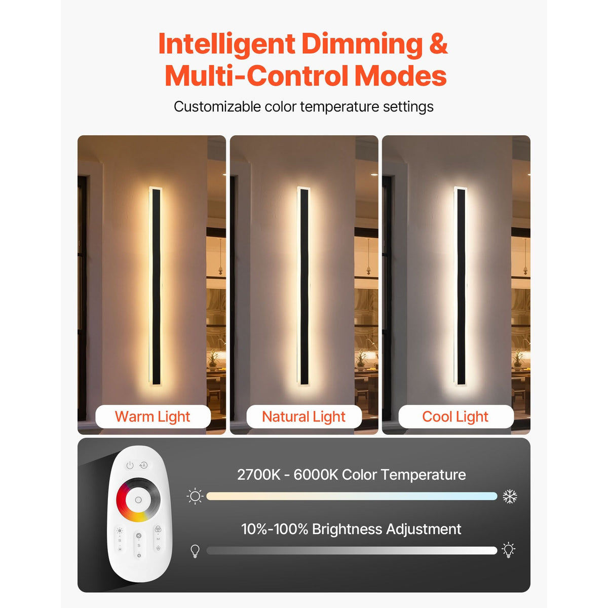 Outdoor Wall Lights, 2 Pack, 39.4 Inch Long RGB Modern Exterior Wall Sconce Light Fixtures, 2700K-6000K, IP65 Waterproof Anti-Rust, Dimmable Outside Wall Mount Lighting, for House Porch Garage