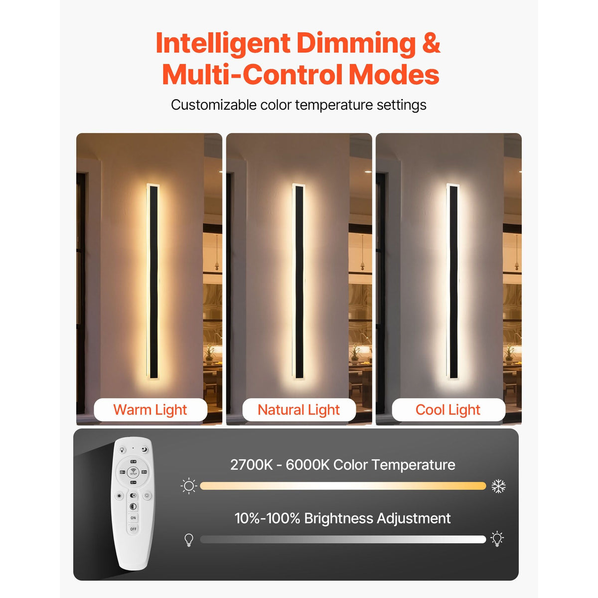 Outdoor Wall Lights, 2 Pack, 39.4 Inch Long Strip Modern Exterior Wall Sconce Light Fixtures, 2700K-6000K, IP65 Waterproof Anti-Rust, Dimmable Outside Wall Mount Lighting, for House Porch Garage