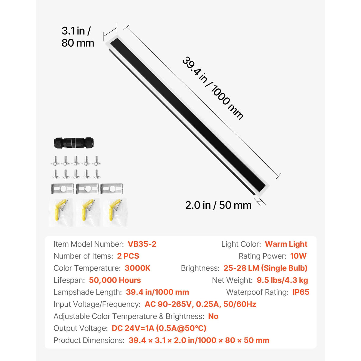 Outdoor Wall Lights, 2 Pack, 39.4 Inch Long Strip Modern Exterior Wall Sconce Light Fixtures, 3000K Warm White, IP65 Waterproof Anti-Rust Outside Wall Mount Lighting, for House, Porch, Garage