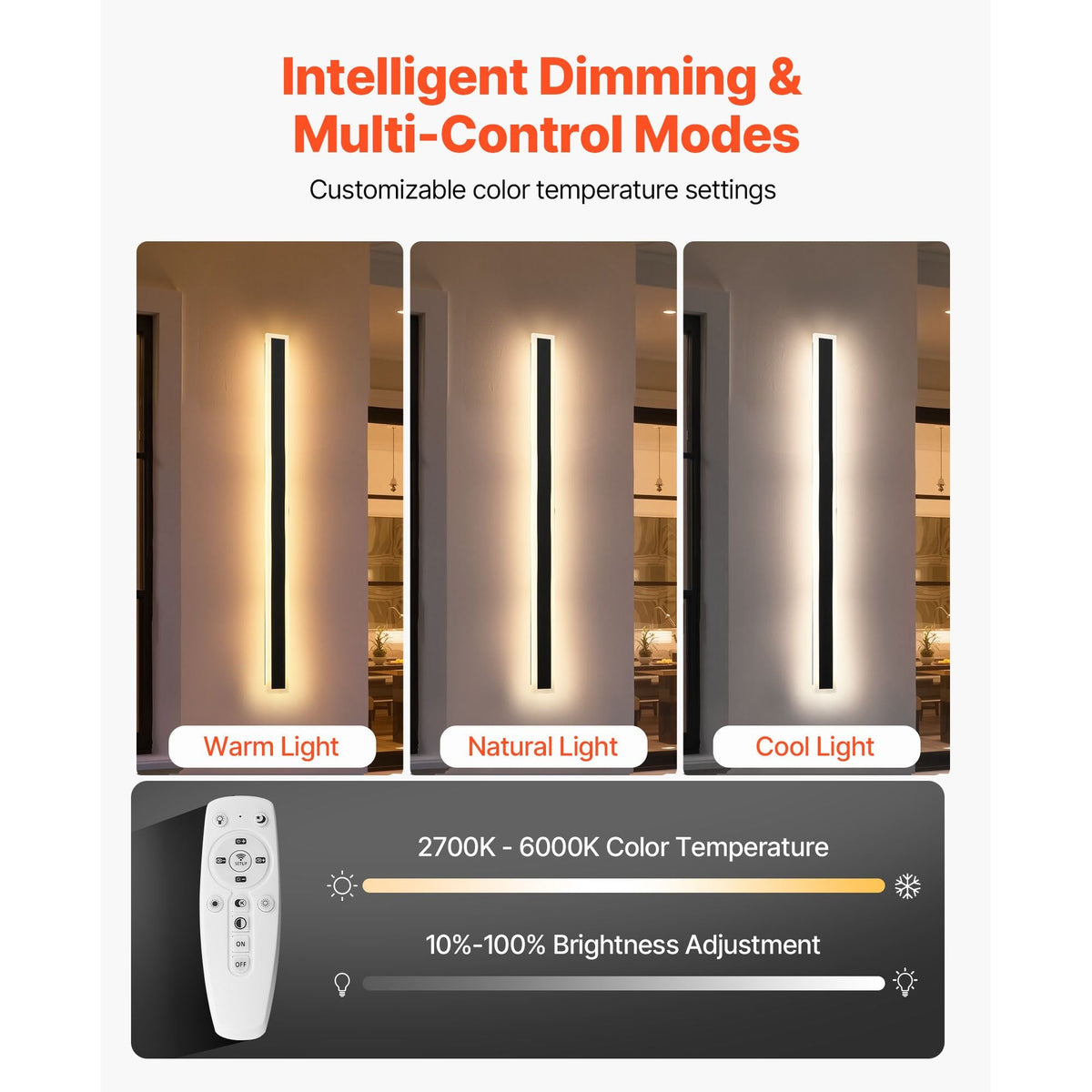 Outdoor Wall Lights, 2 Pack, 47.2 Inch Long Strip Modern Exterior Wall Sconce Light Fixtures, 2700K-6000K, IP65 Waterproof Anti-Rust, Dimmable Outside Wall Mount Lighting, for House Porch Garage