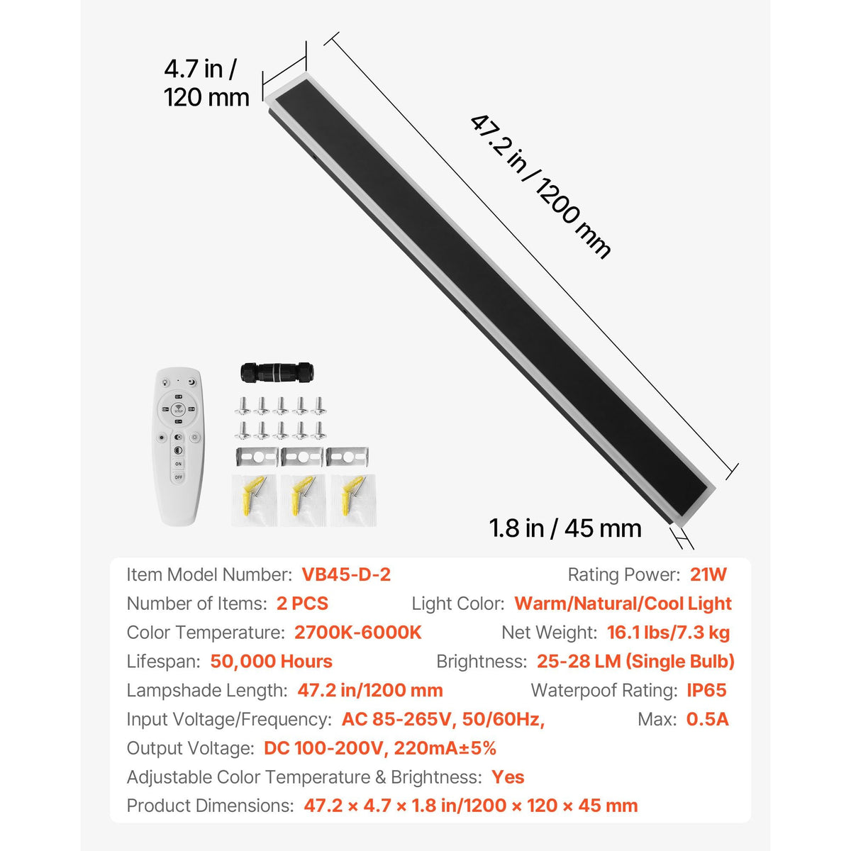 Outdoor Wall Lights, 2 Pack, 47.2 Inch Long Strip Modern Exterior Wall Sconce Light Fixtures, 2700K-6000K, IP65 Waterproof Anti-Rust, Dimmable Outside Wall Mount Lighting, for House Porch Garage