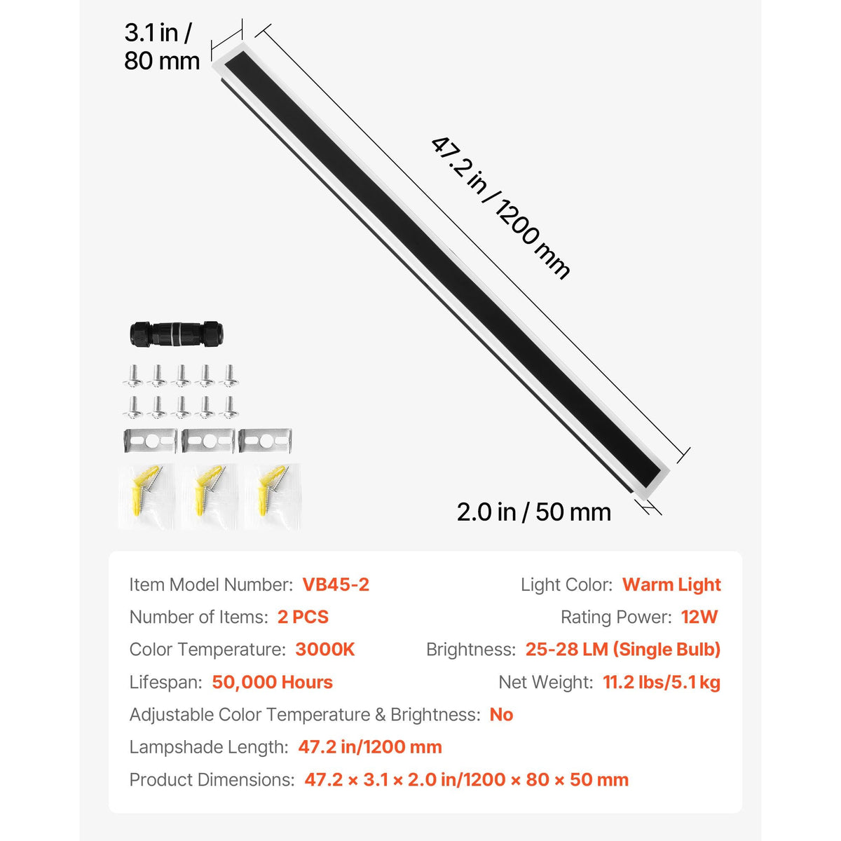 Outdoor Wall Lights, 2 Pack, 47.2 Inch Long Strip Modern Exterior Wall Sconce Light Fixtures, 3000K Warm White, IP65 Waterproof Anti-Rust Outside Wall Mount Lighting, for House, Porch, Garage