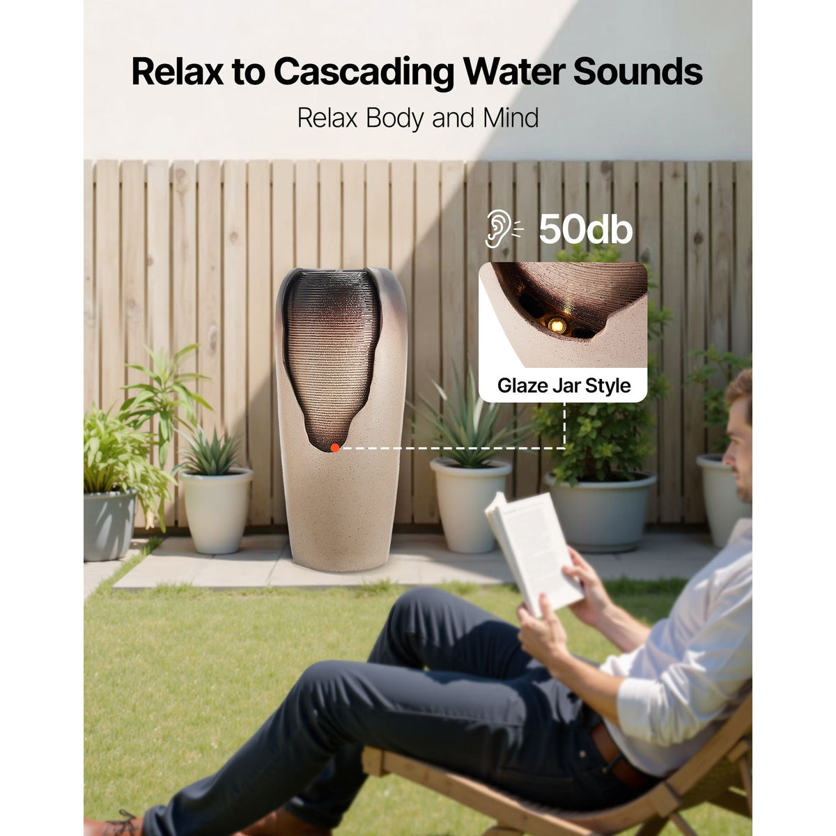 Outdoor Water Fountain, 30.71 in Height Fountain and Waterfall, 1-Tier Floor Standing Glazed Jar Style Fountains with LED Light and Pump, for Outdoor Indoor Garden, Home, Patio & Yard (Coffee)