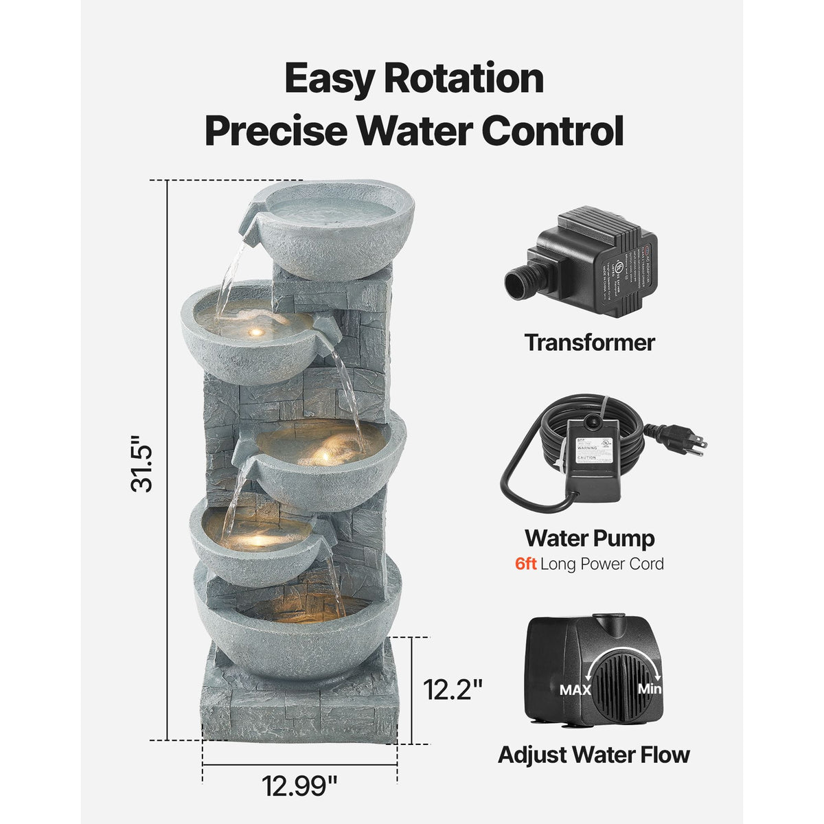 Outdoor Water Fountain, 31.5 in Height Fountain and Waterfall, 5-Tier Floor Standing Bowl-Shaped Cascading Fountains with LED Light and Pump, for Outdoor Indoor Garden, Home, Patio & Backyard