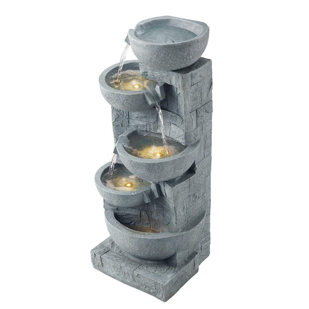 Outdoor Water Fountain, 31.5 in Height Fountain and Waterfall, 5-Tier Floor Standing Bowl-Shaped Cascading Fountains with LED Light and Pump, for Outdoor Indoor Garden, Home, Patio & Backyard