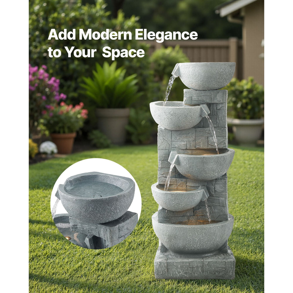 Outdoor Water Fountain, 31.5 in Height Fountain and Waterfall, 5-Tier Floor Standing Bowl-Shaped Cascading Fountains with LED Light and Pump, for Outdoor Indoor Garden, Home, Patio & Backyard