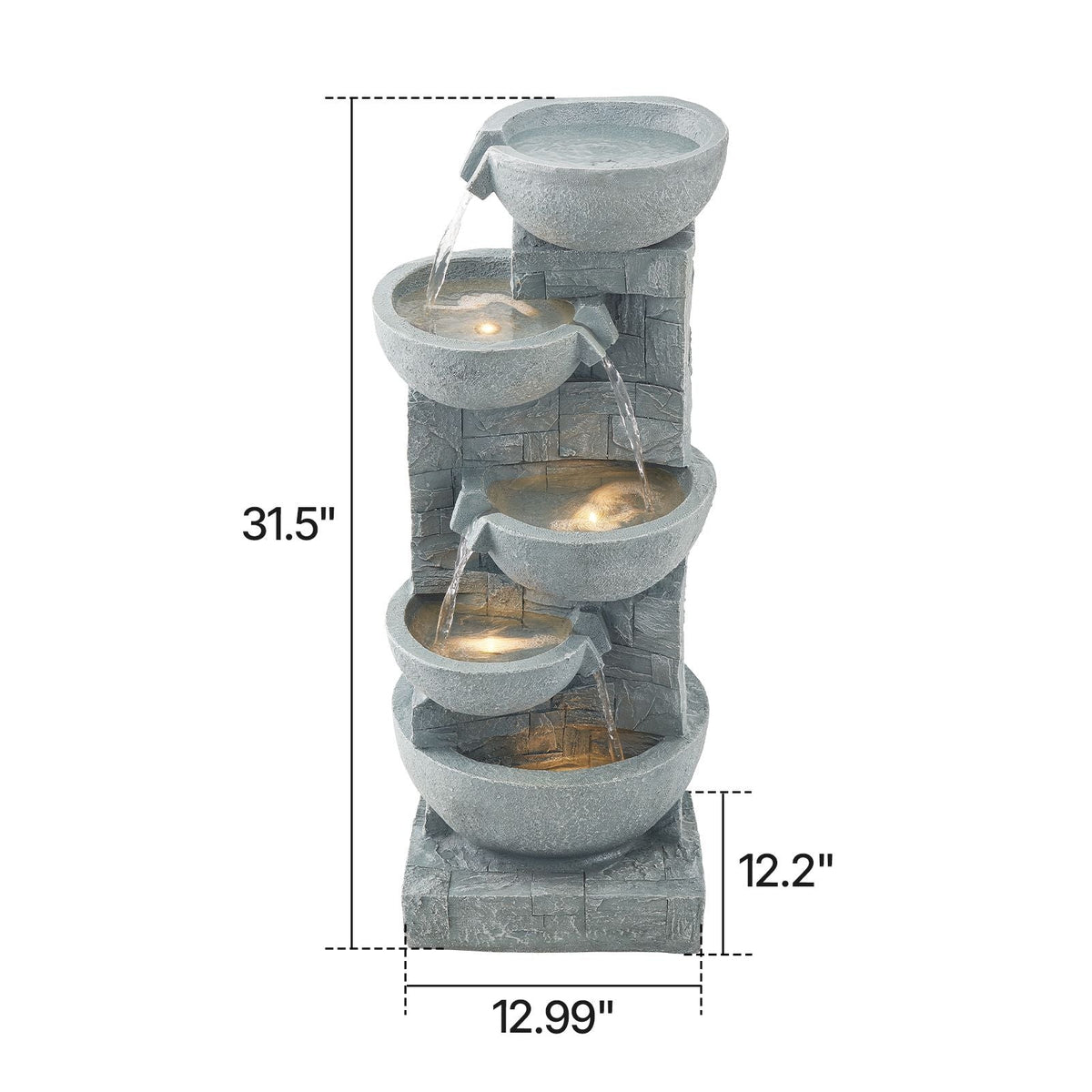 Outdoor Water Fountain, 31.5 in Height Fountain and Waterfall, 5-Tier Floor Standing Bowl-Shaped Cascading Fountains with LED Light and Pump, for Outdoor Indoor Garden, Home, Patio & Backyard