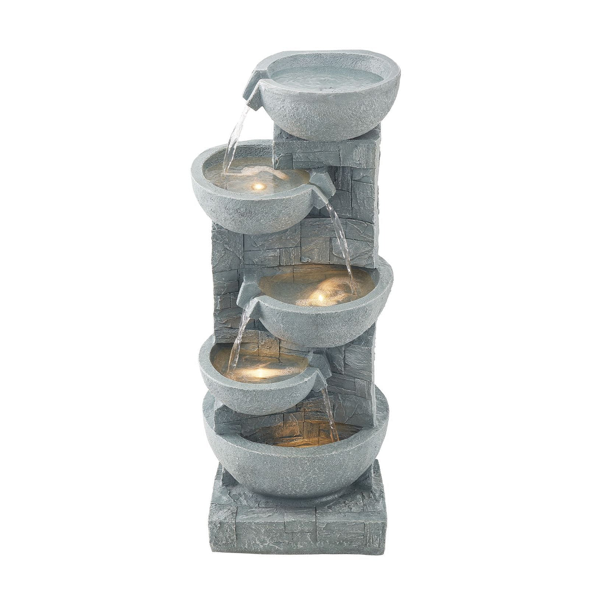 Outdoor Water Fountain, 31.5 in Height Fountain and Waterfall, 5-Tier Floor Standing Bowl-Shaped Cascading Fountains with LED Light and Pump, for Outdoor Indoor Garden, Home, Patio & Backyard
