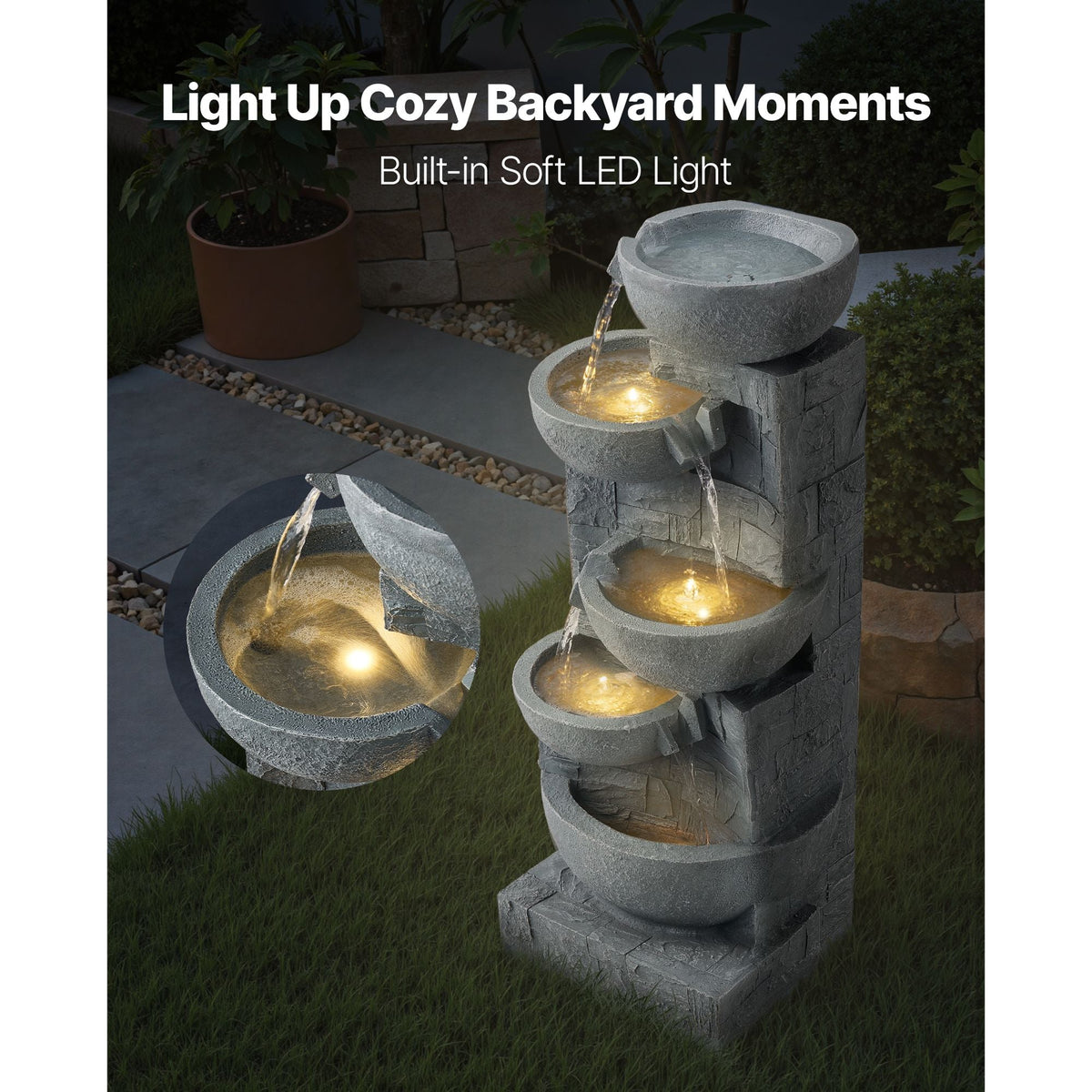 Outdoor Water Fountain, 31.5 in Height Fountain and Waterfall, 5-Tier Floor Standing Bowl-Shaped Cascading Fountains with LED Light and Pump, for Outdoor Indoor Garden, Home, Patio & Backyard
