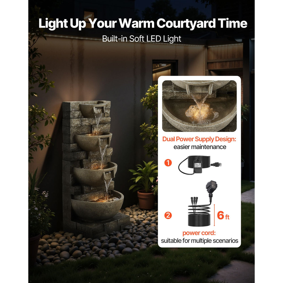 Outdoor Water Fountain, 35.63 in Height Fountain and Waterfall, 4-Tier Floor Standing Cascading Fountains with LED Light and Pump, Block Stack Style, for Outdoor Indoor Garden, Patio & Backyard
