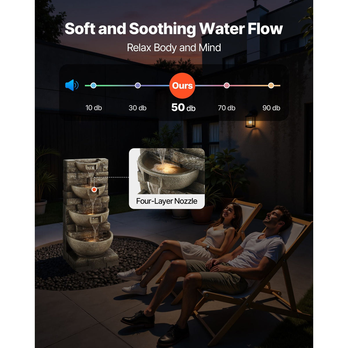 Outdoor Water Fountain, 35.63 in Height Fountain and Waterfall, 4-Tier Floor Standing Cascading Fountains with LED Light and Pump, Block Stack Style, for Outdoor Indoor Garden, Patio & Backyard
