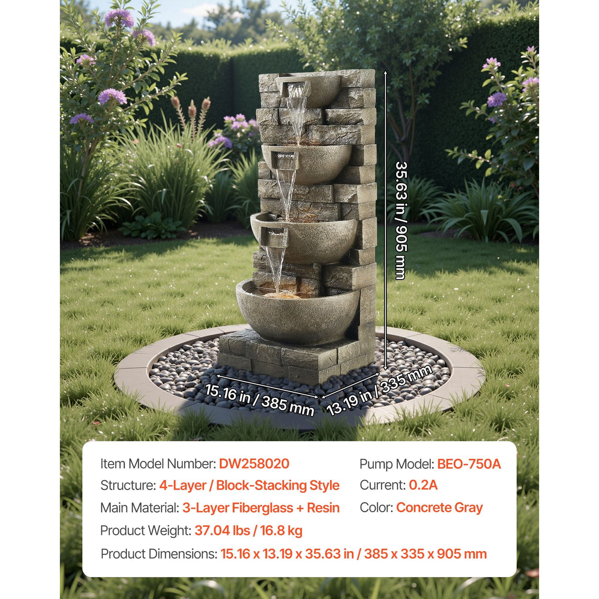Outdoor Water Fountain, 35.63 in Height Fountain and Waterfall, 4-Tier Floor Standing Cascading Fountains with LED Light and Pump, Block Stack Style, for Outdoor Indoor Garden, Patio & Backyard