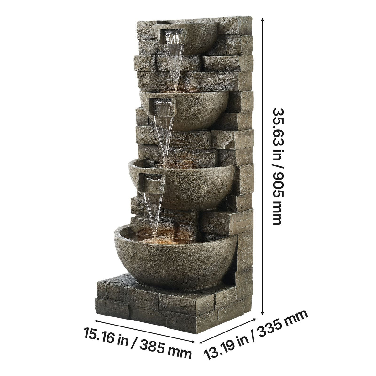 Outdoor Water Fountain, 35.63 in Height Fountain and Waterfall, 4-Tier Floor Standing Cascading Fountains with LED Light and Pump, Block Stack Style, for Outdoor Indoor Garden, Patio & Backyard