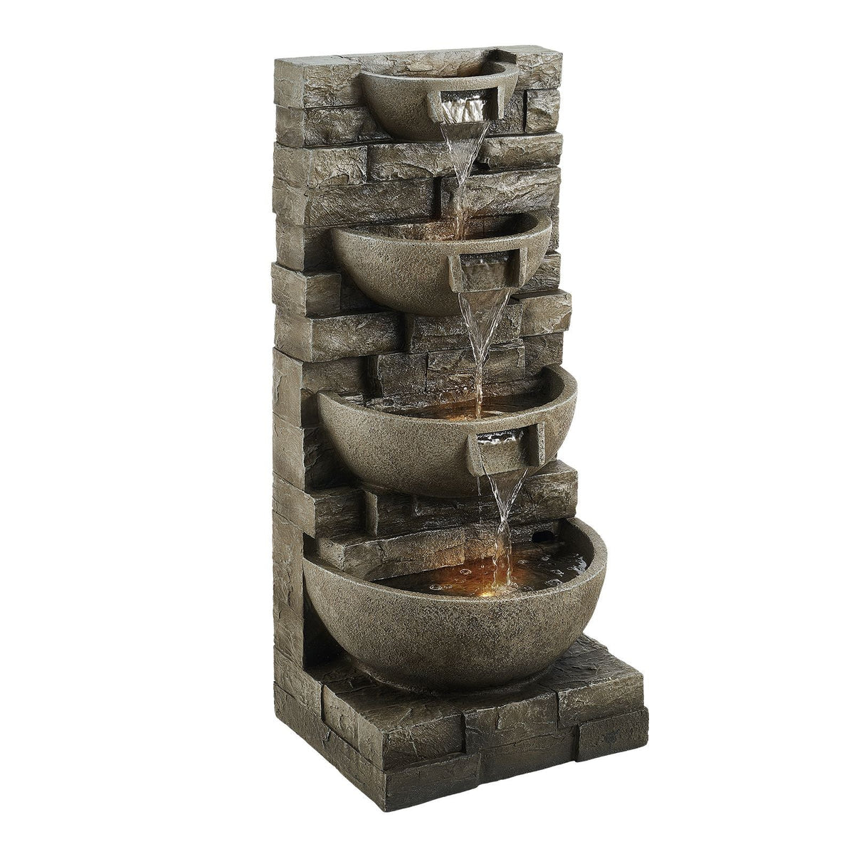 Outdoor Water Fountain, 35.63 in Height Fountain and Waterfall, 4-Tier Floor Standing Cascading Fountains with LED Light and Pump, Block Stack Style, for Outdoor Indoor Garden, Patio & Backyard