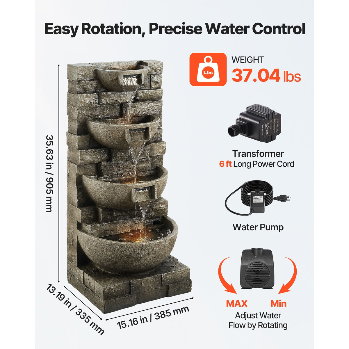 Outdoor Water Fountain, 35.63 in Height Fountain and Waterfall, 4-Tier Floor Standing Cascading Fountains with LED Light and Pump, Block Stack Style, for Outdoor Indoor Garden, Patio & Backyard