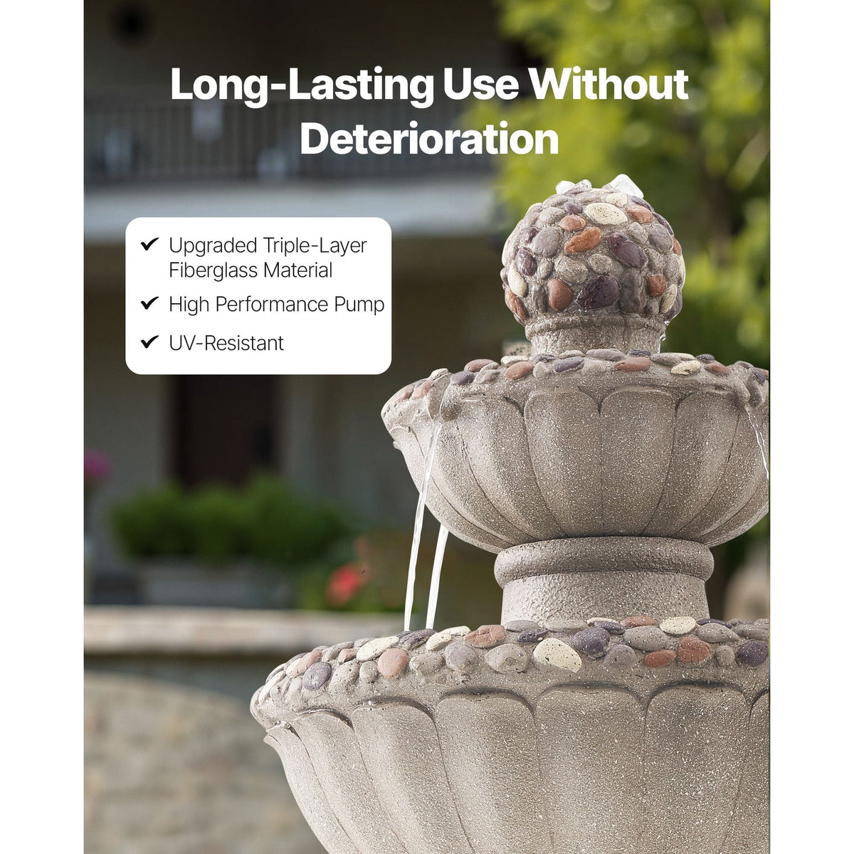 Outdoor Water Fountain, 36.5 in Height Fountain and Waterfall, 2-Tier Floor Standing Rock Base Style Fiberglass and Resin Fountains with Pump, for Outdoor Indoor Garden, Home, Patio & Backyard